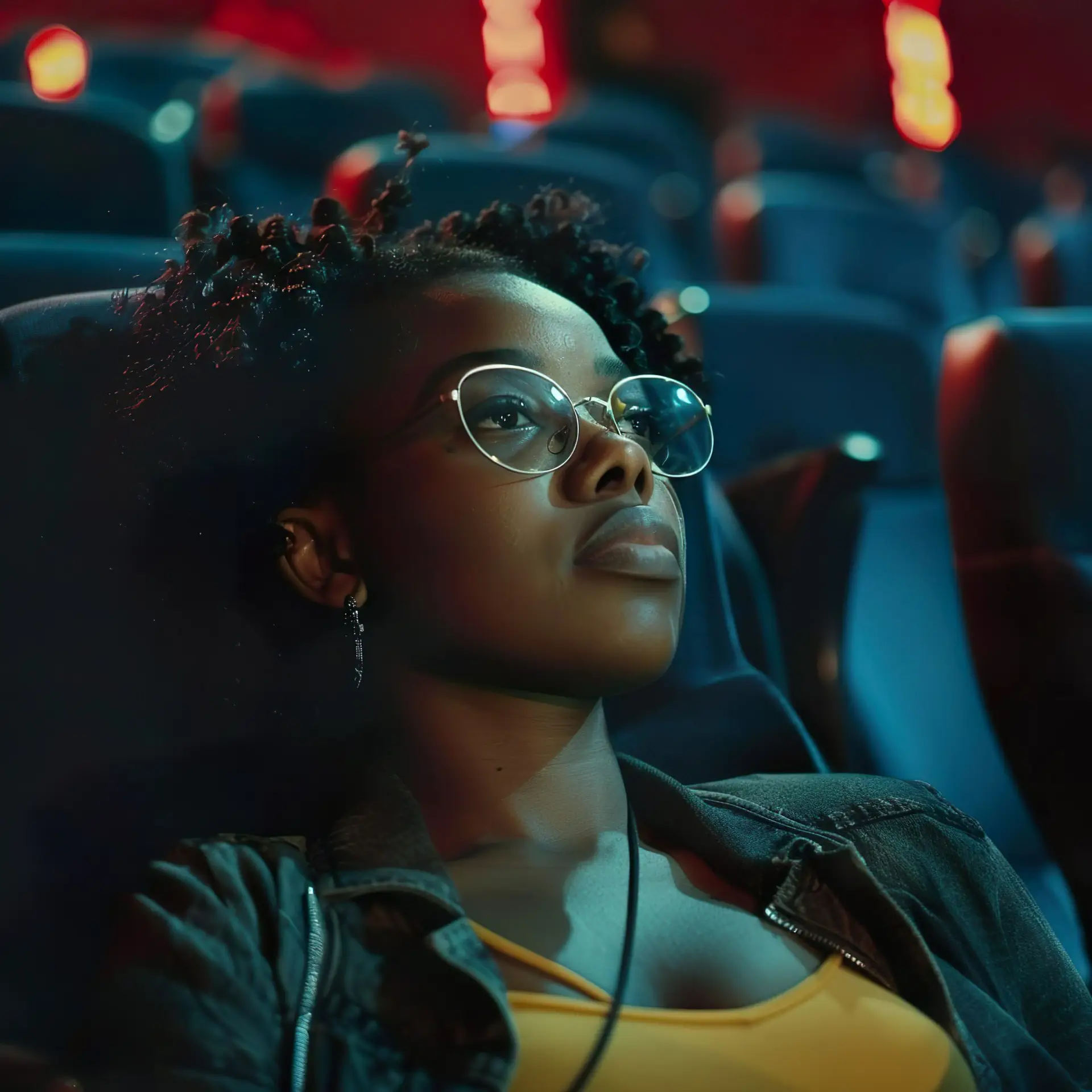 Cinema banner. Serious African American teenage girl watching a movie in a movie theatre. Slim black teenager with curly hair and glasses focused on the screen. Inclusivity, imperfections concept