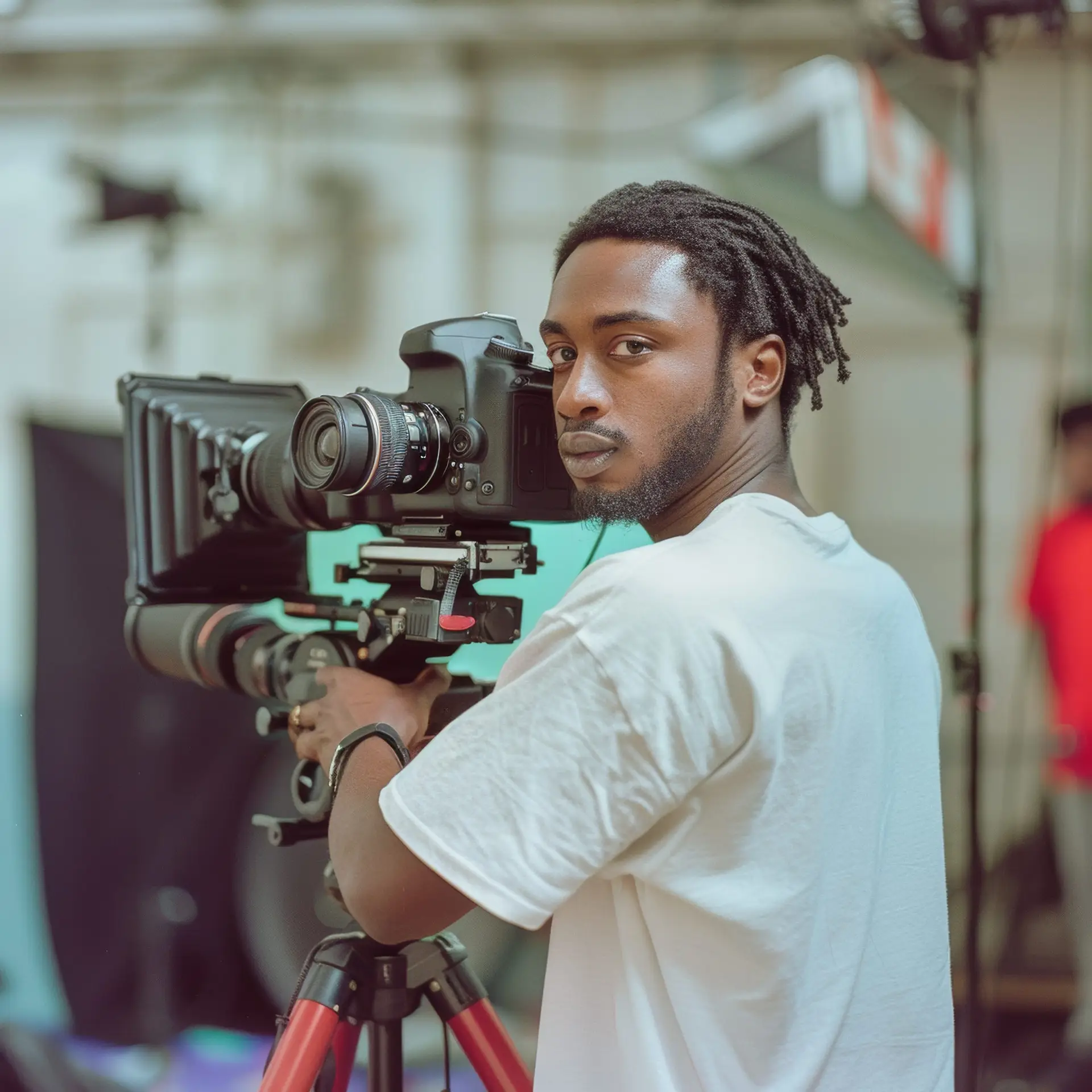 Focused male videographer, young African man, operator using professional camera on film set. Concept of film industry, cinematography, media company