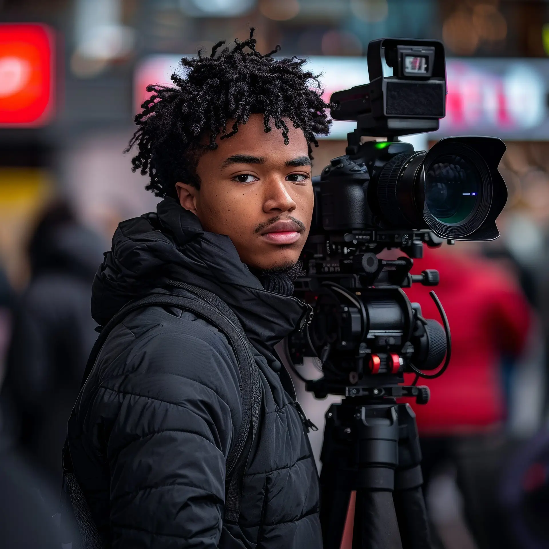 Young African man, operator, videographer, journalist standing on lively street with professional camera. Making documentary movie. Concept of film industry, cinematography, media company